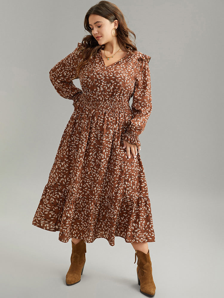 Ditsy Floral Flutter Trim Pocket Shirred Dress