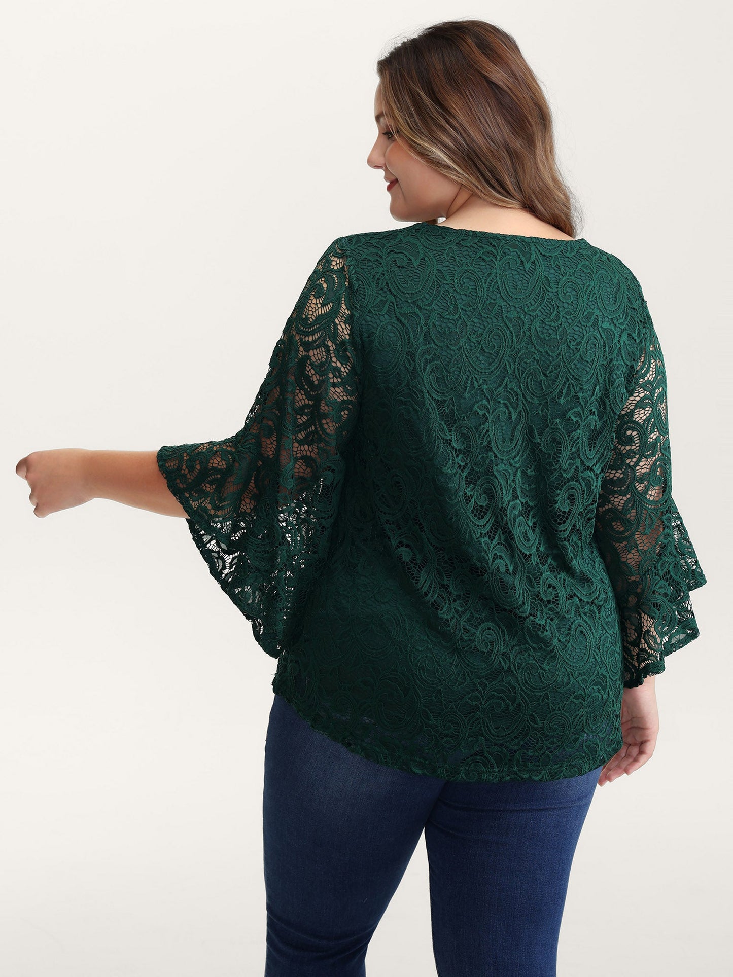 Lace Sheer Flared Sleeve V-Neck Blouse