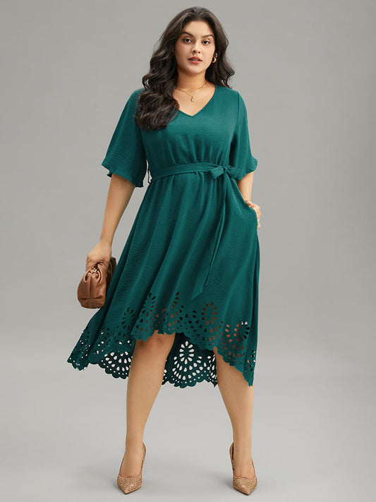 Plain Belted Laser Cut High Low Hem Dress