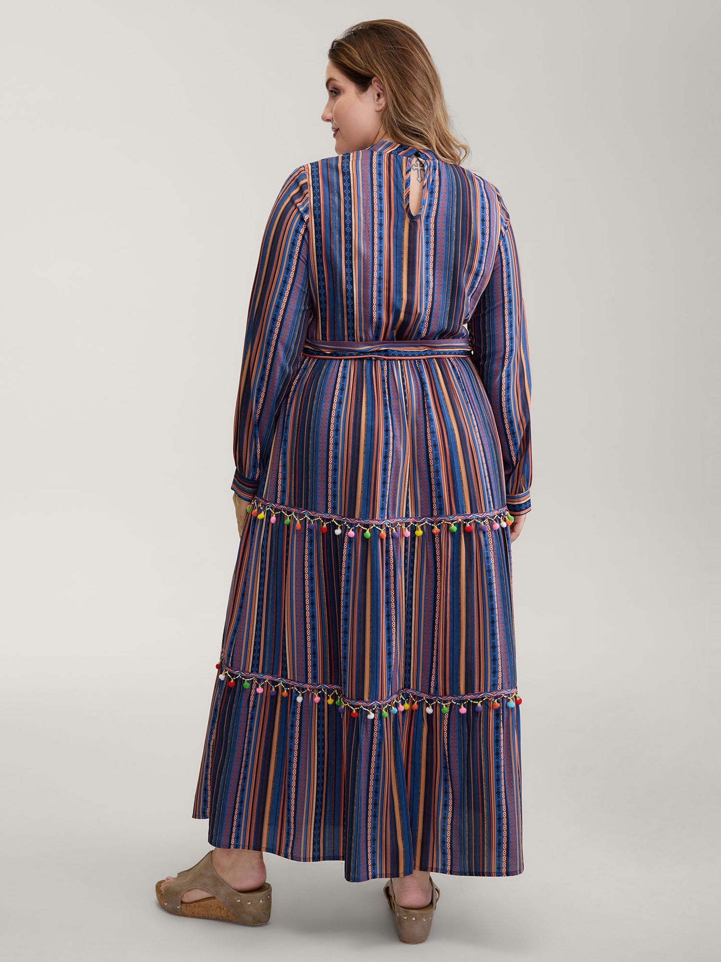 Stripe Tassels Stretchy Waist Pockets Maxi Dress