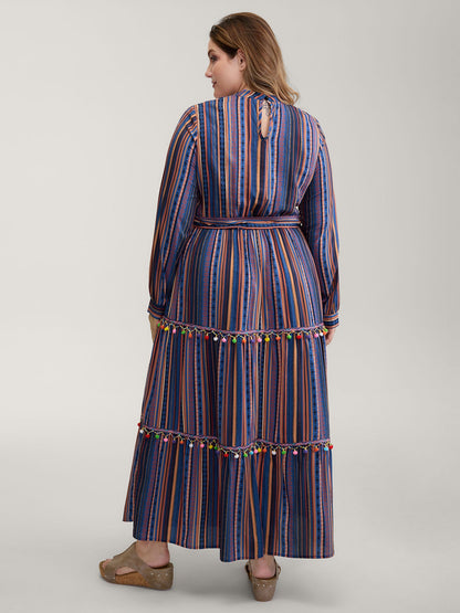 Stripe Tassels Stretchy Waist Pockets Maxi Dress