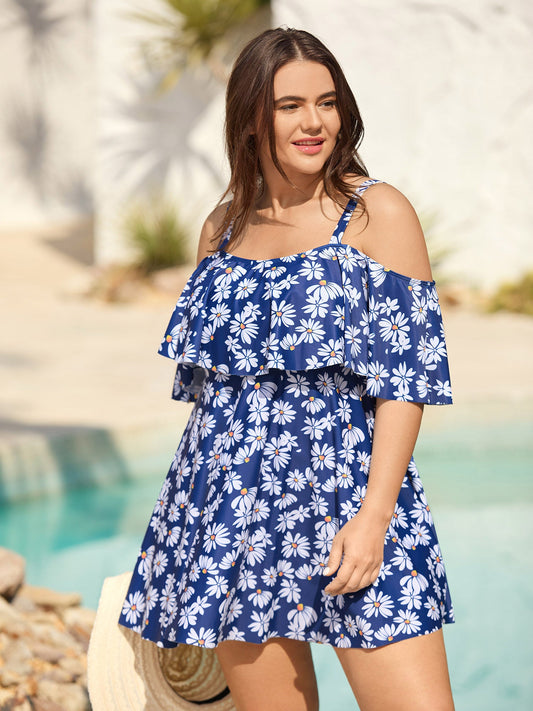 Floral Print Cold-Shoulder Swim Dress