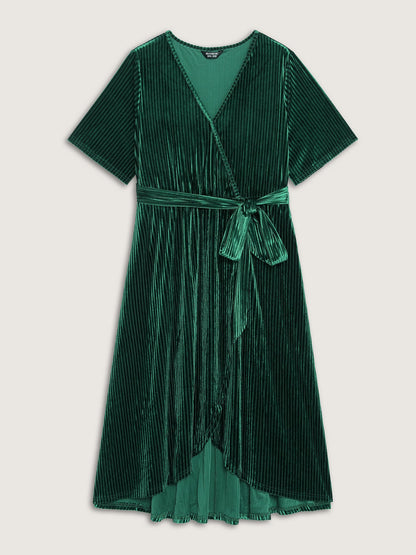 Glossy Textured Velvet Wrap Tied Midi Dress