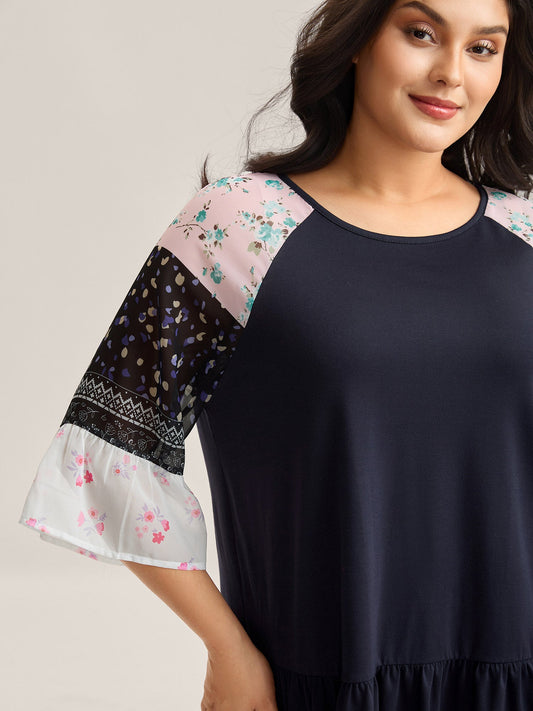 Floral Print Tiered Hem Knit Top