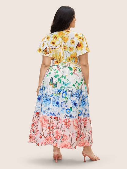 Floral & Butterfly Contrast Ruffle Layered Hem Dress