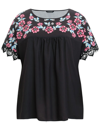Floral Print Patchwork Lace Trim Gathered Blouse
