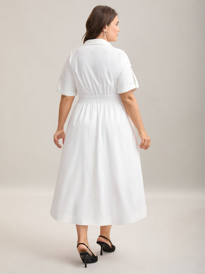 Woven Shirred Waist Solid Collar Midi Dress
