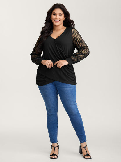 Crossover Draped Lace Sheer Sleeve Knit Top