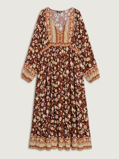 Floral Print Contrast Neckline Maxi Dress