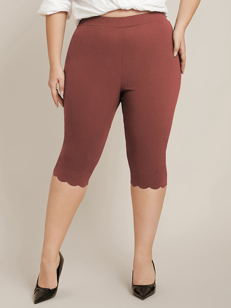 Solid Scalloped Trim Elastic Waist Skinny Leggings