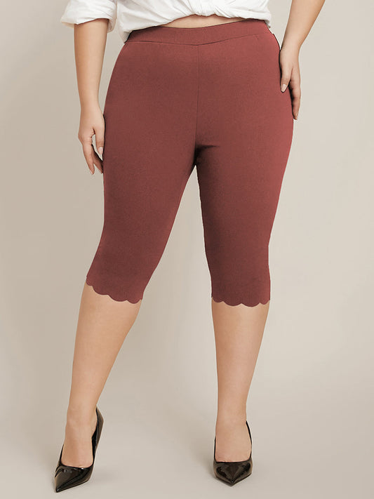 Solid Scalloped Trim Elastic Waist Skinny Leggings