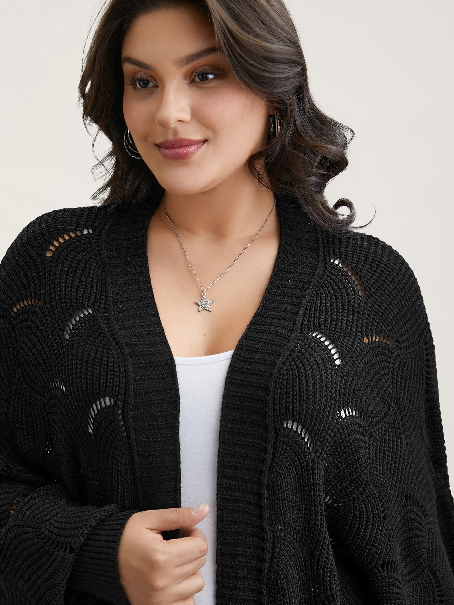 Textured Cut-Out Open-Front Cardigan