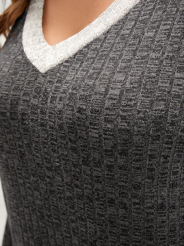 Contrast Trim Split Hem Textured V Neck Sweatshirt