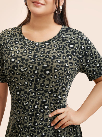 Round Neck Leopard Print Midi Dress
