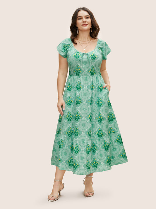 Moroccan Print Ruffle Cap Sleeve Maxi Dress