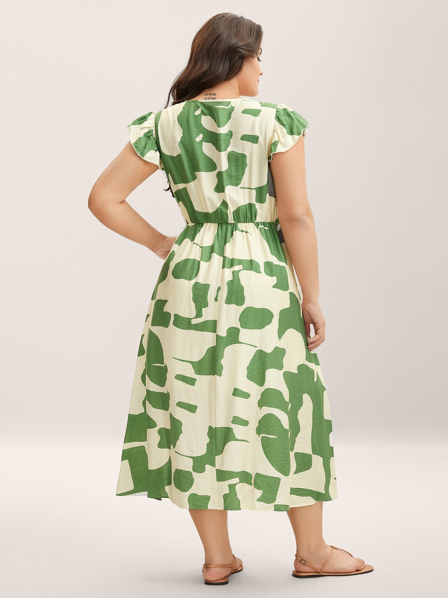 Geometric Print Cinched-Waist Button Midi Dress