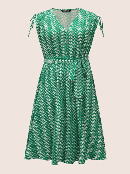 Geometric Drawstring Cap Sleeve Midi Dress