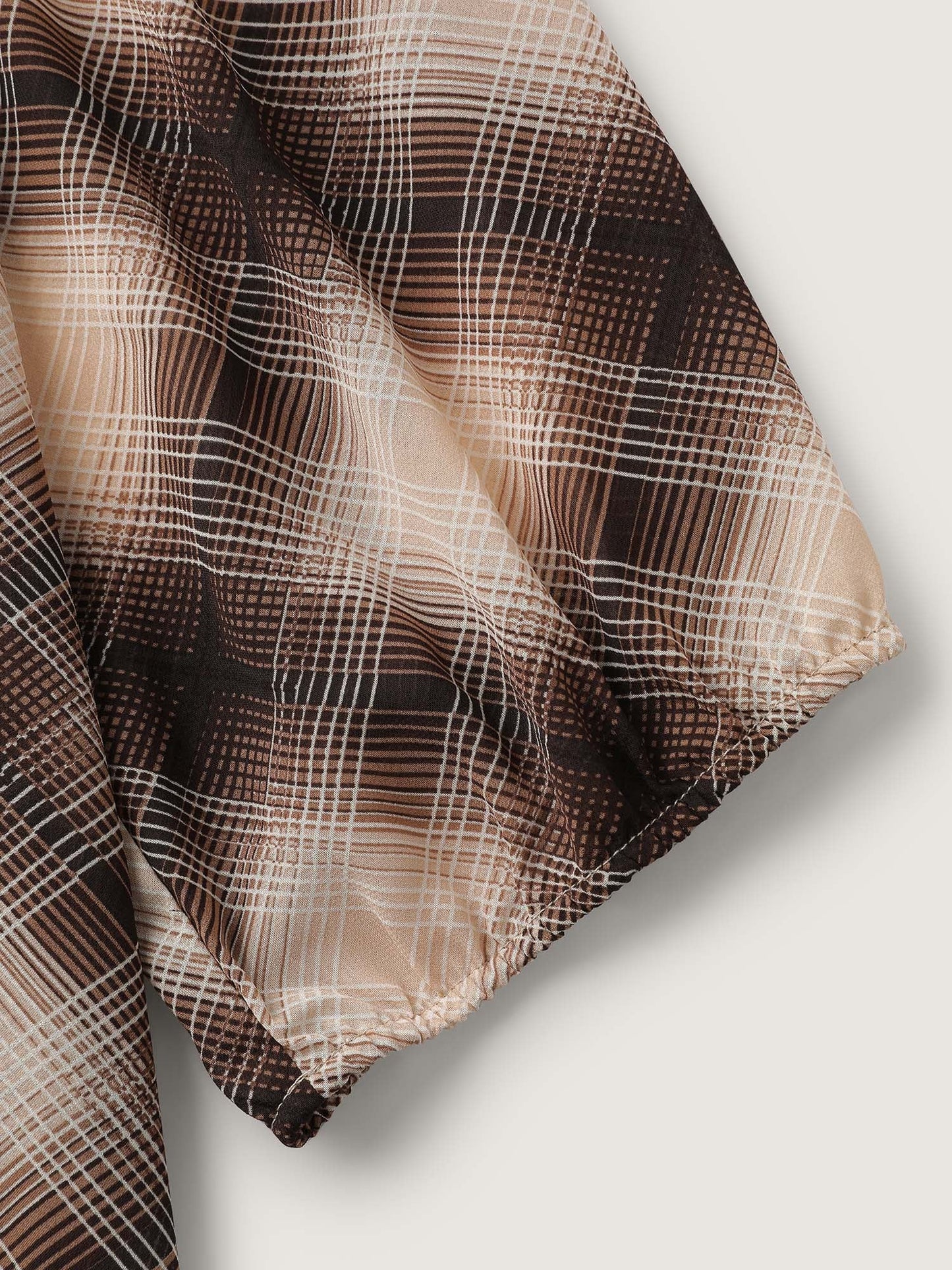 Plaid Half-Button Placket Semi-Sheer Blouse