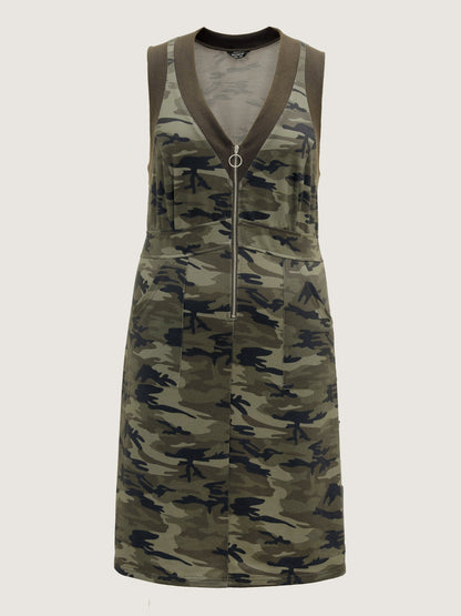 Camouflage Print Zipper Front Pockets Midi Dress