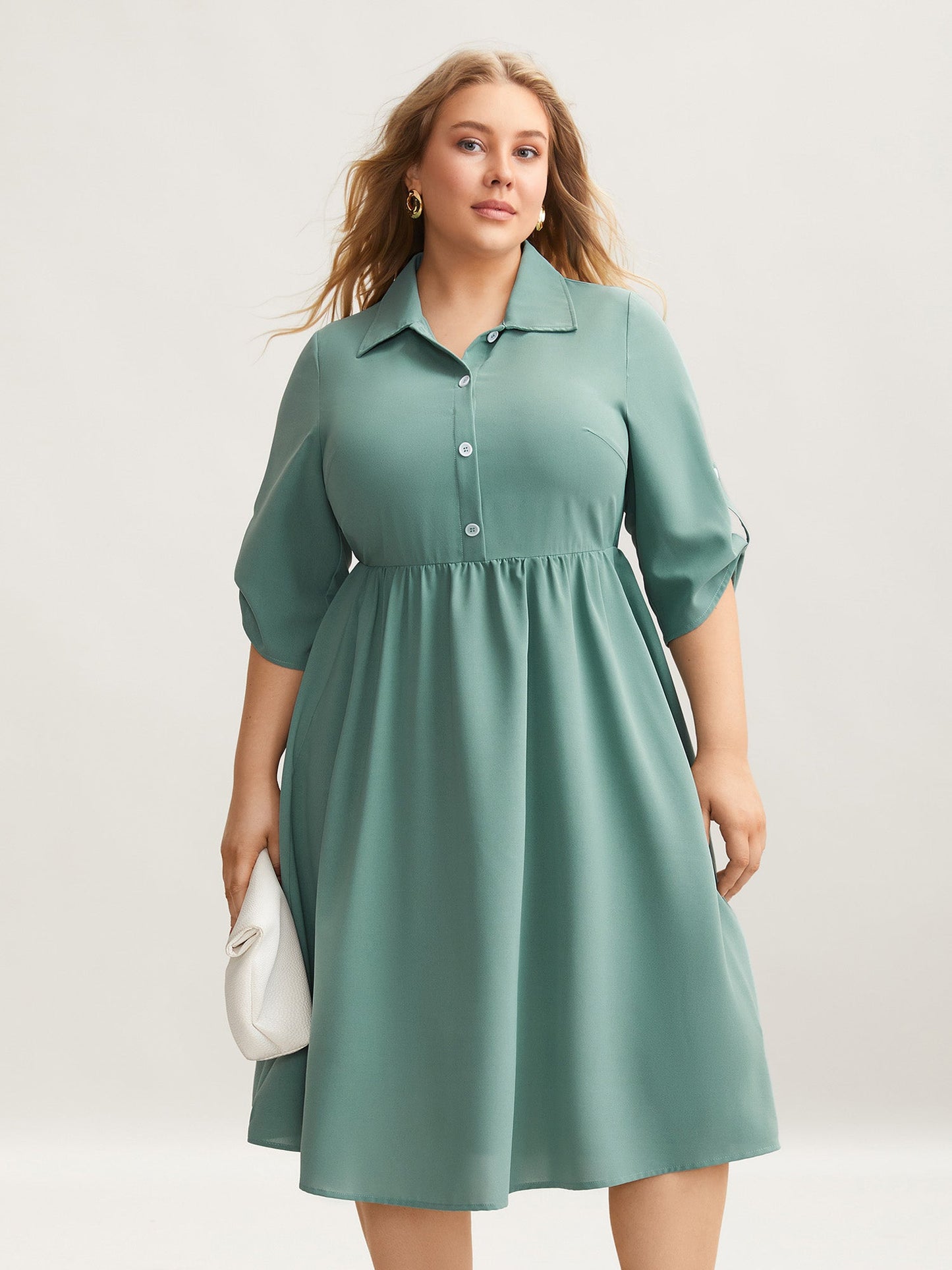Shirt Collar Front Button Placket Midi Dress