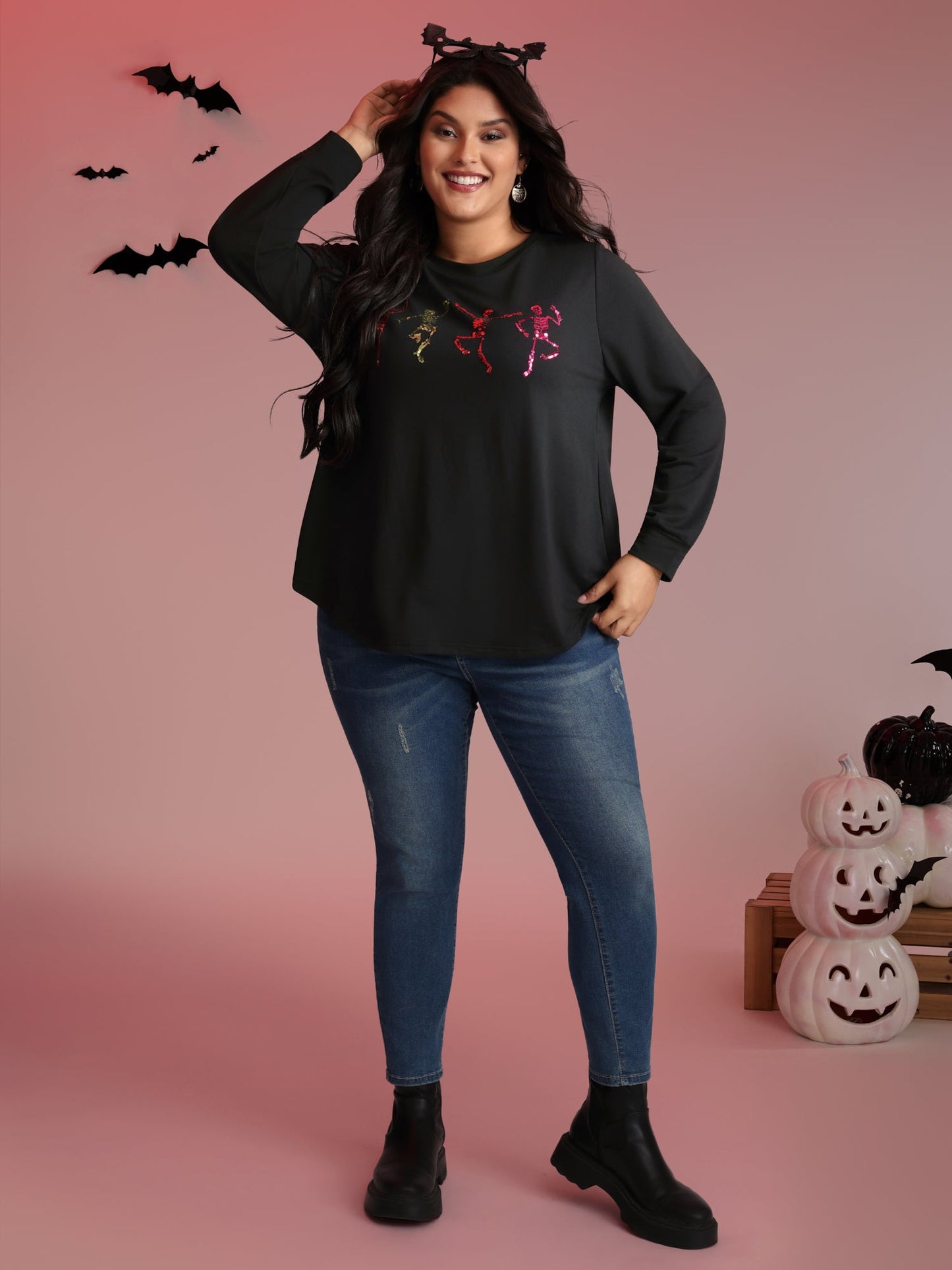 Happy Skeletons Embroidered Sequin Sweatshirt