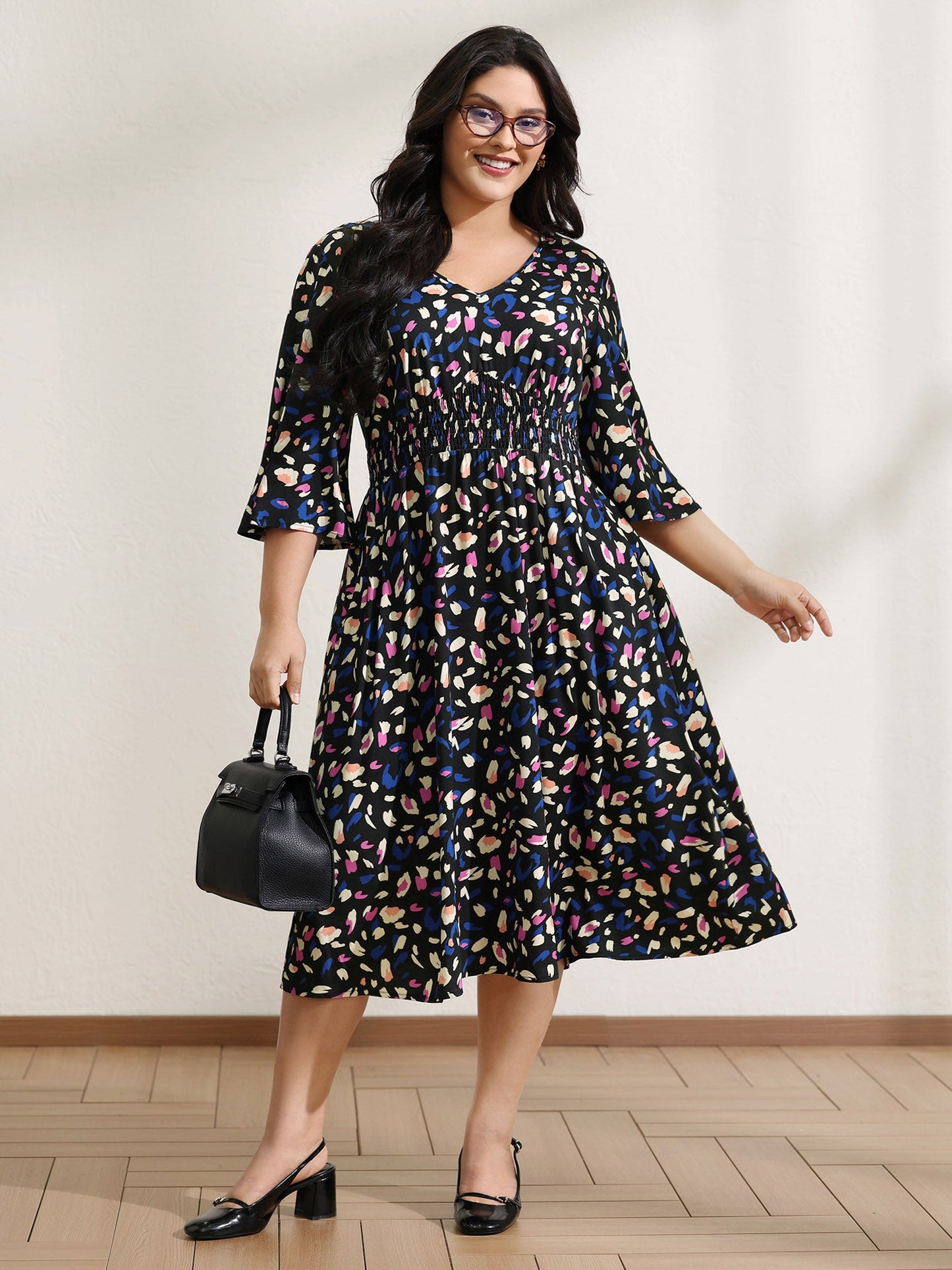 Leopard Print Shirred Waist V-Neck Midi Dress
