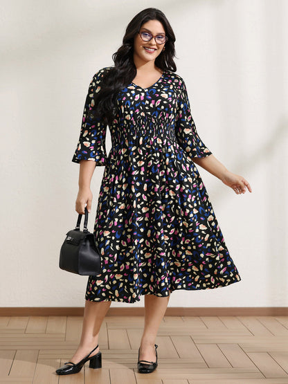 Leopard Print Shirred Waist V-Neck Midi Dress