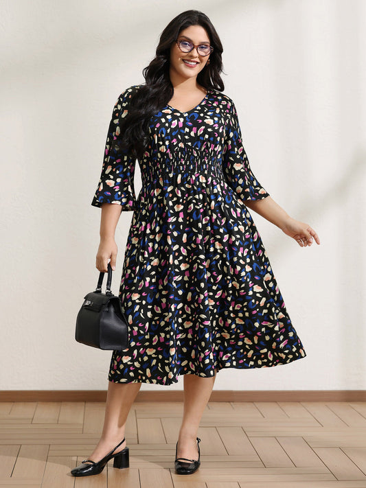 Leopard Print Shirred Waist V-Neck Midi Dress