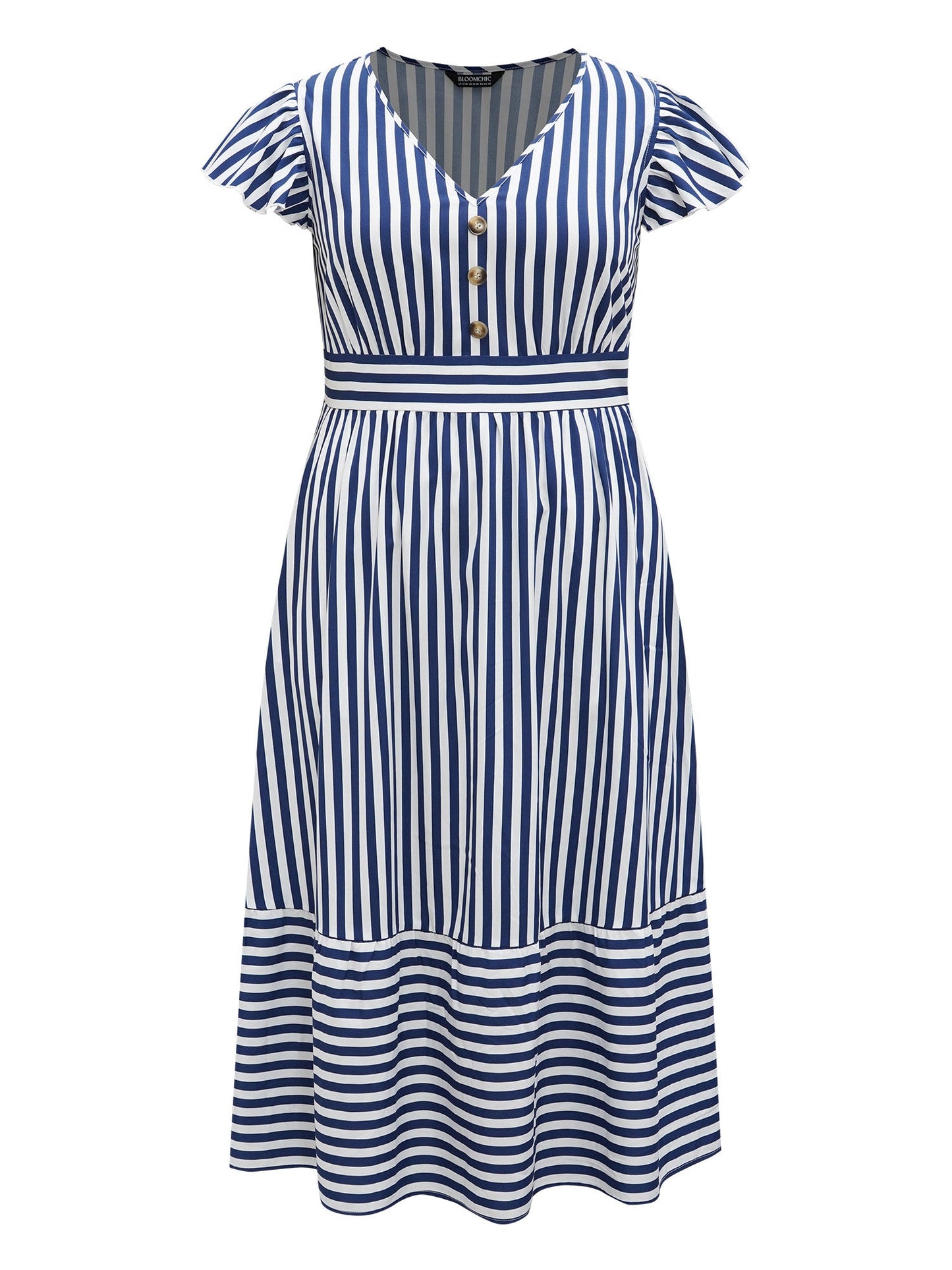 Nautical Stripes Stretchy Waist Tiered Midi Dress
