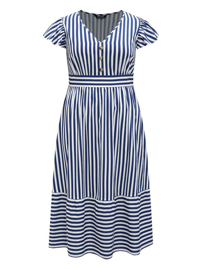 Nautical Stripes Stretchy Waist Tiered Midi Dress