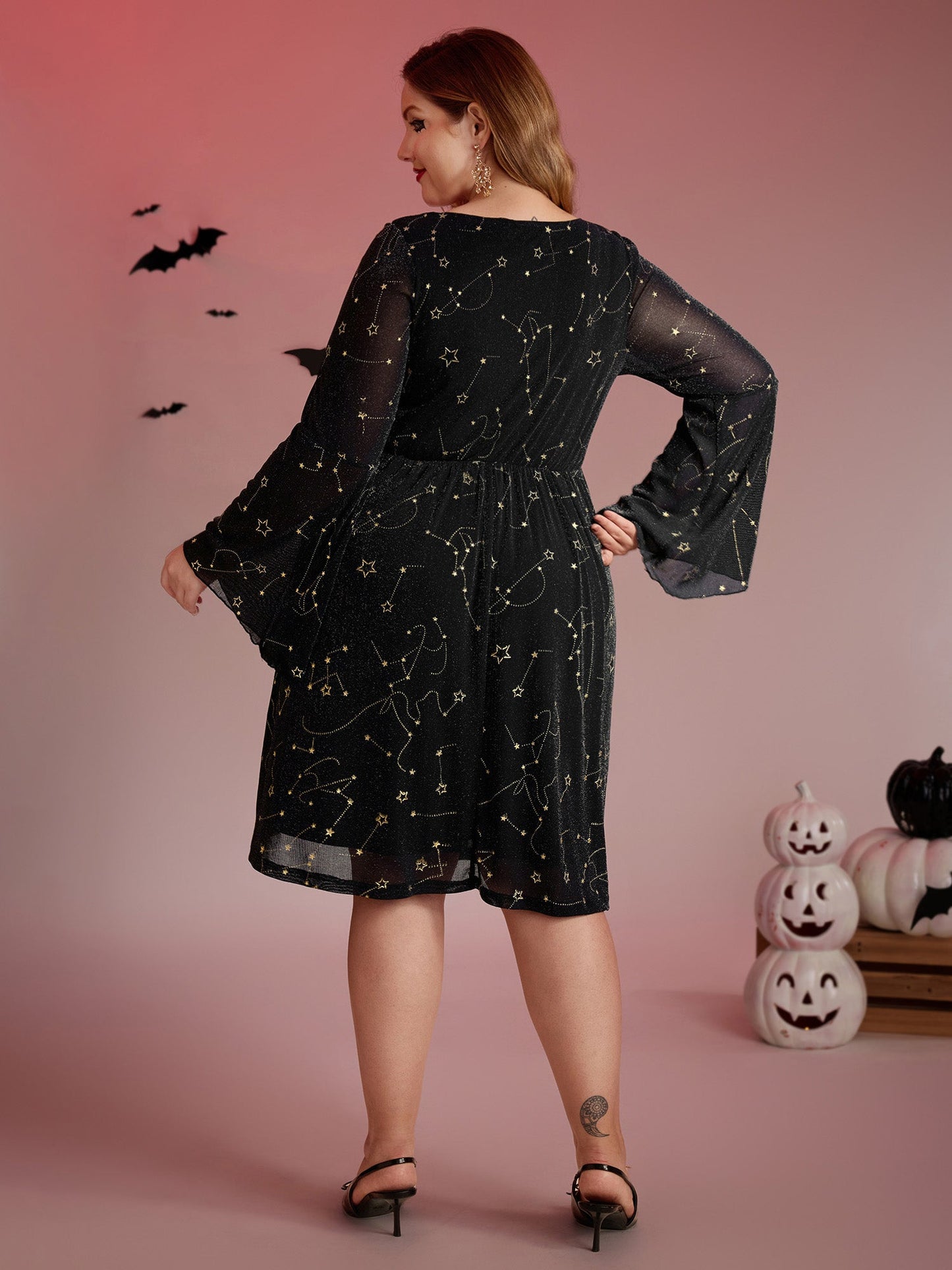 Starry Silk Mesh Flared Sleeve Midi Dress