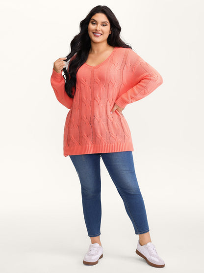 Cable Knit V-Neck Solid Pullover