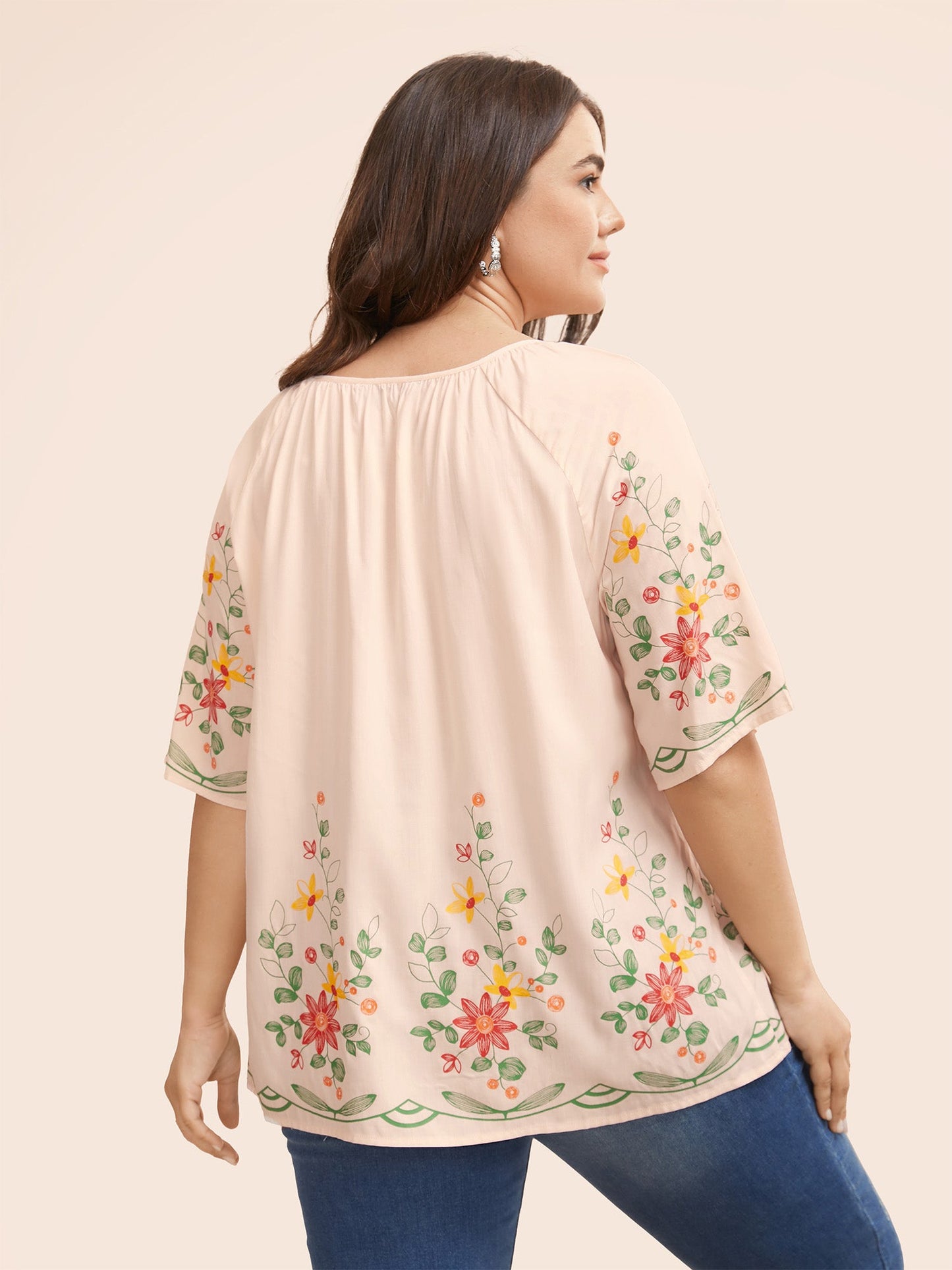 Boho Print Gathered Ruffle Sleeve Blouse