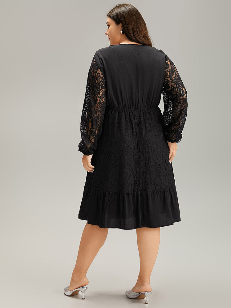 Lace Panel Mesh Flutter Hem Dress