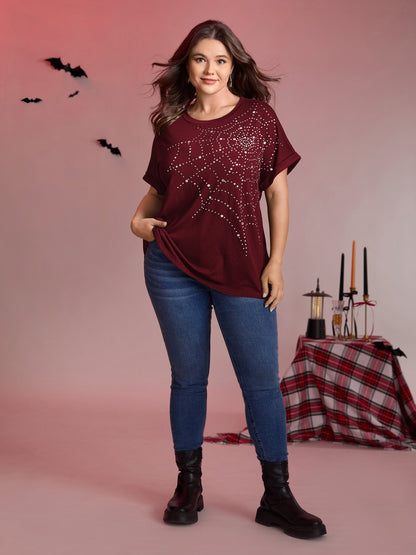 Spiderweb Rhinestone Stretchy Solid T-Shirt