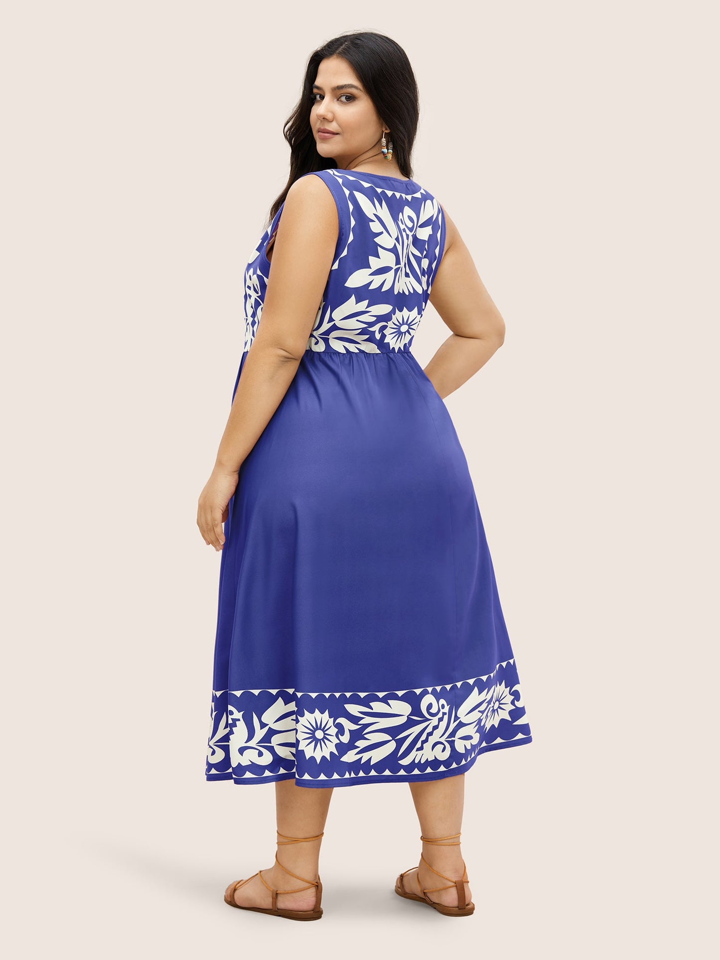 Boho Print Square Neck Elastic Waist Tank Dress
