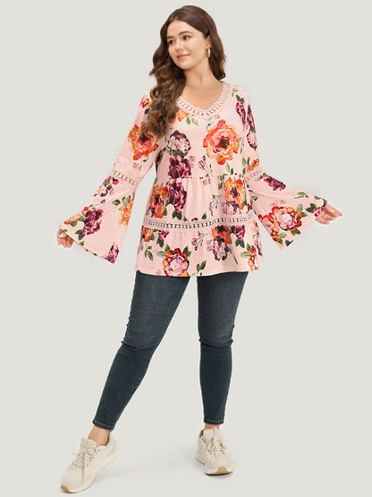 Floral Print Lace Panel Bell Sleeve T-shirt