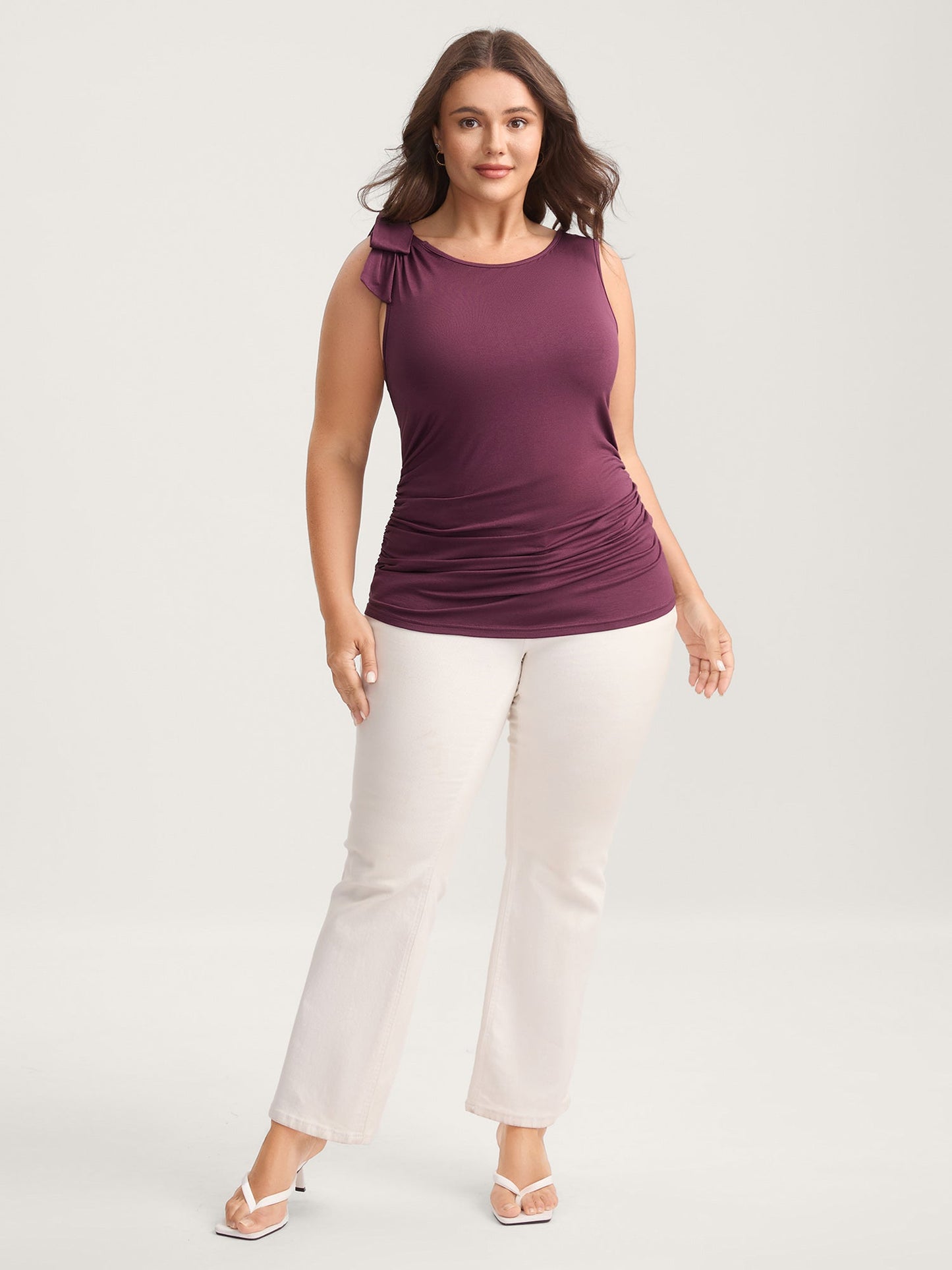 Bow-Tie Ruched Waist Solid Tank Top