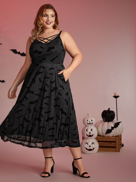 Bat Chilling Print Stretchy Waist Midi Dress