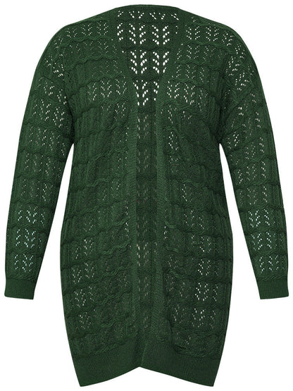 Plain Geometric Eyelet Cable Knit Tunic Cardigan