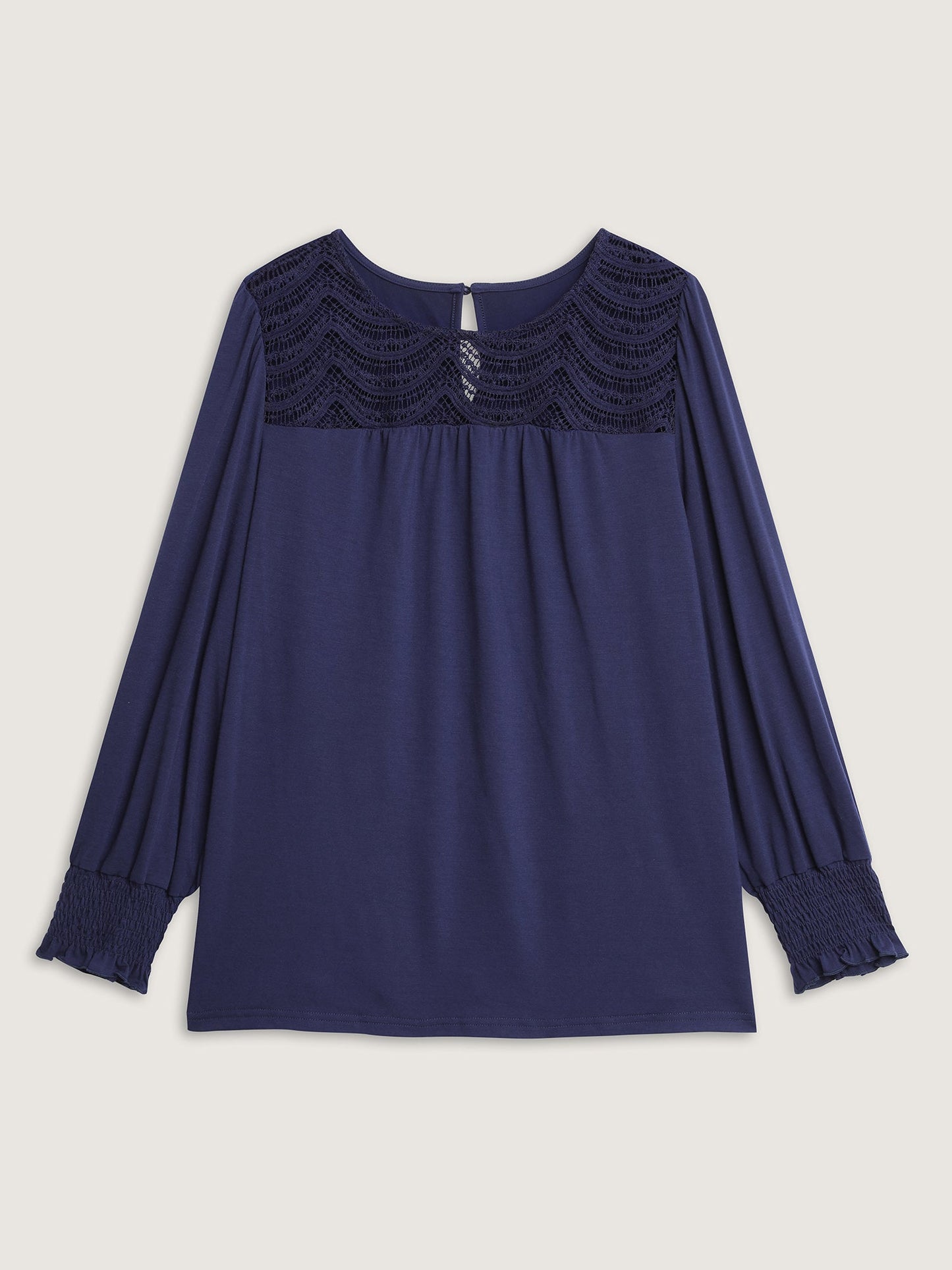 Lace Sheer Neckline Balloon Sleeve Knit Top