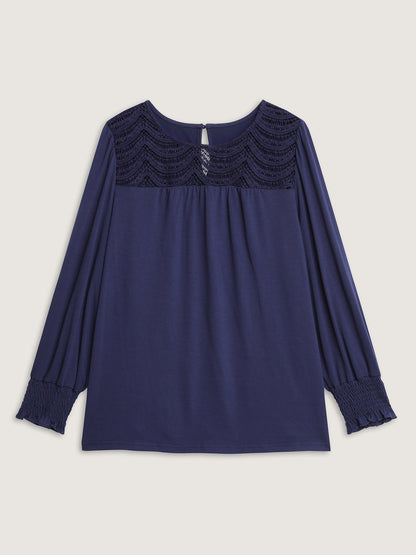 Lace Sheer Neckline Balloon Sleeve Knit Top