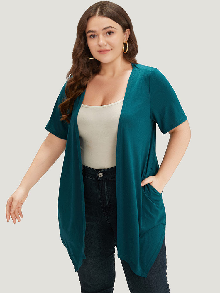 Plain Open Front Pocket Asymmetrical Hem Kimono