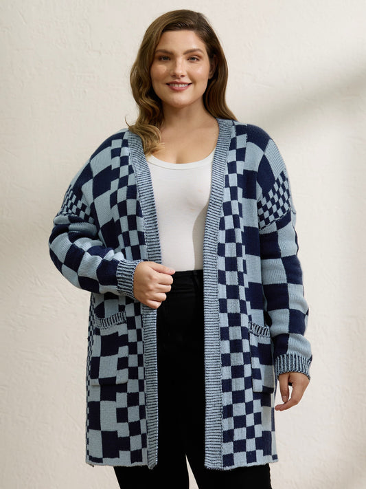 Checkered Relaxed-Fit Drop Shoulder Cardigan
