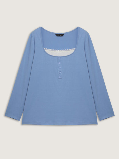 Button Placket Lace Scoop Neck T-Shirt