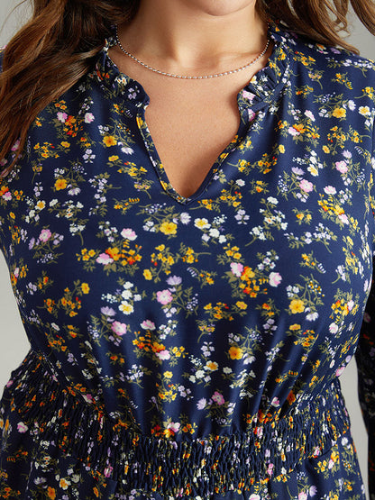 Ditsy Floral Notched Shirred Pocket Elastic Waist Dress