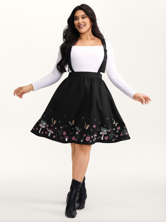 Mushroom Hem Print Adjustable Straps Skirt