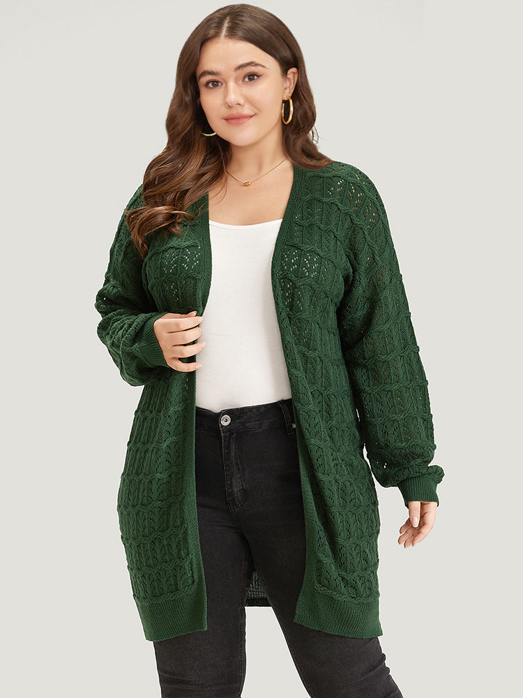 Plain Geometric Eyelet Cable Knit Tunic Cardigan