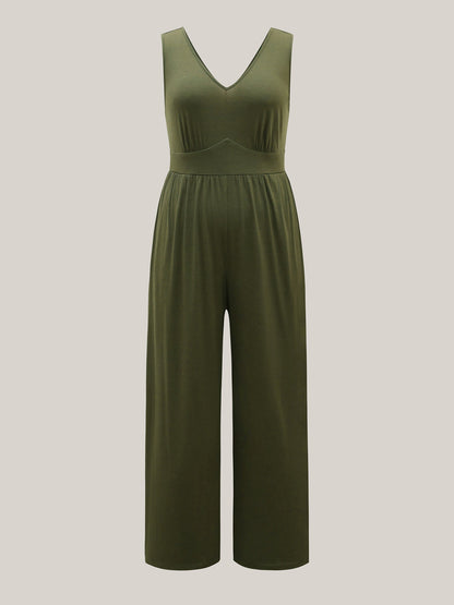 Stretchy Knit Pockets Cross Back Jumpsuit