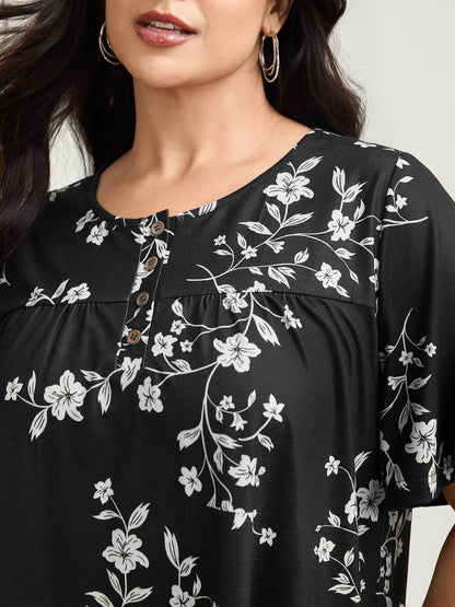 Floral Print Button Placket Pleated T-Shirt